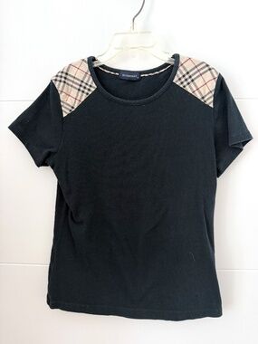 Burberry Children Black Nova Check Shoulder Raglan T-Shirt Top Youth 12Y Fits XS